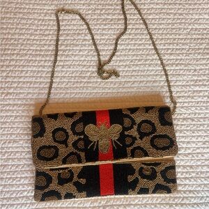Gold and Black Beaded Leopard Print Crossbody Clutch with Red Stripe